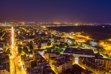 Aerial view of the city of Thessaloniki at night.