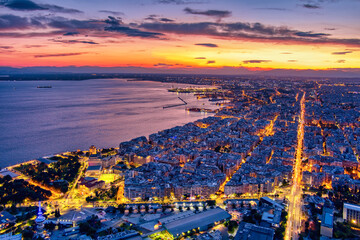 Aerial view of the city of Thessaloniki at sunset
