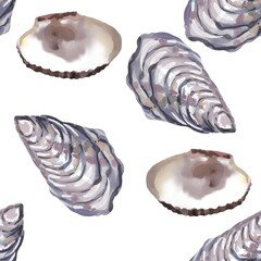 Nautical seamless pattern with watercolor illustrations of shells