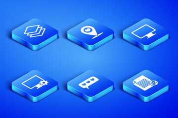 Set Transfer files, Layers, Like and heart, Computer monitor gear, Map pointer with and screen icon. Vector
