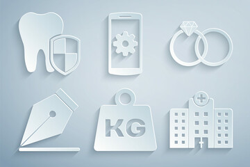 Set Weight, Wedding rings, Fountain pen nib, Medical hospital building, Setting on smartphone and Dental protection icon. Vector