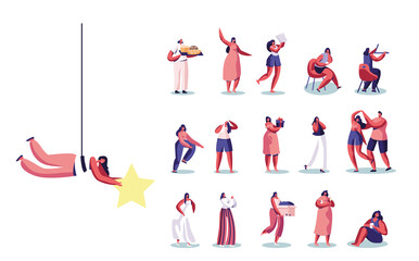 Set of Female Characters Holding Gold Star, Baker with Bakery, Architect with Ruler, Washing Hair, Hold Gift Box, Dance