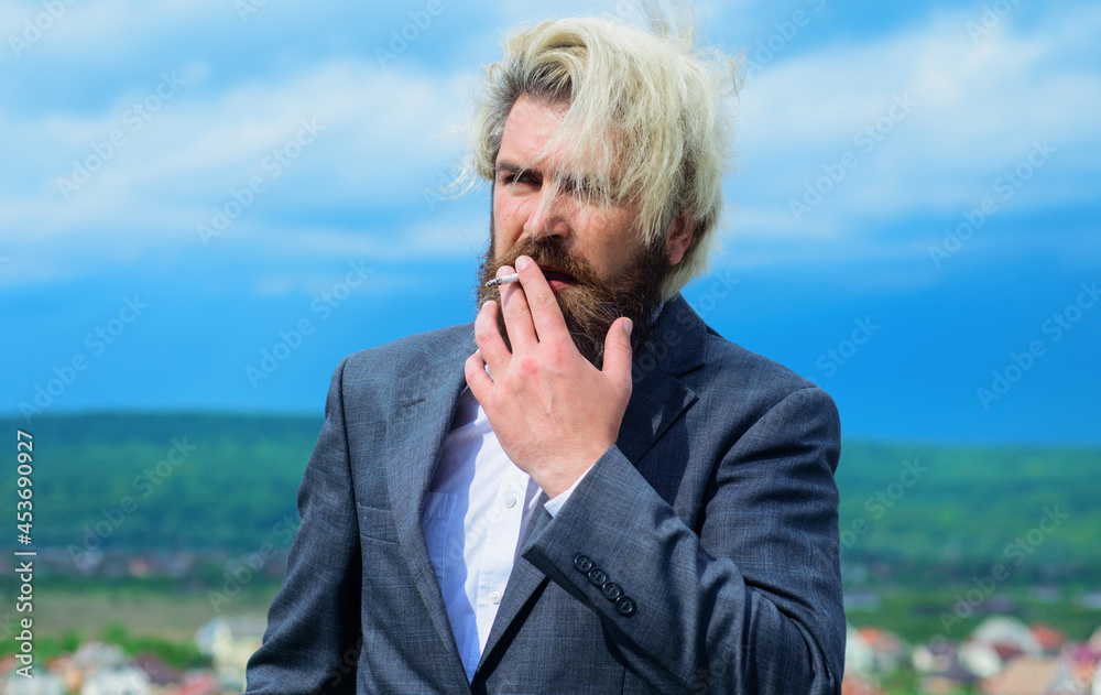 Sticker businessman in suit smoke cigarette. smoking man. stylish bearded man with cigarette.