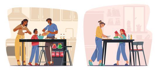 Happy People Cooking at Home. Men, Women and Kids on Kitchen Using Different Appliances for Food Preparing, Family Time