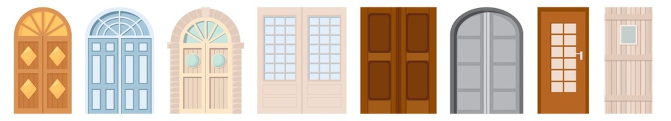 Metal and Wooden Front Doors and Gates. Isolated Cottage Entries Cartoon Vector Design Wood or Stone Arched Doorjambs