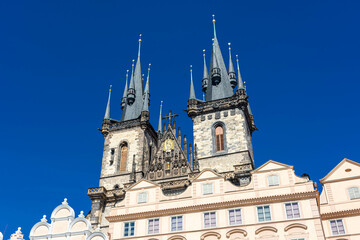 The gothic Church of Our Lady before Tyn  in Prague main square in the unesco historic center, Czech Republic