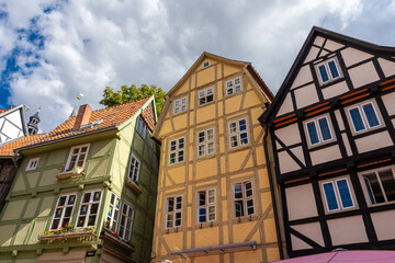 Fototapeta na wymiar Beautiful half-timbered houses in the historic center of Quedlinburg Germany
