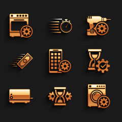 Set Mobile Apps setting, Hourglass, Washer, , Toaster and Fast payments icon. Vector