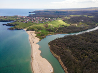 Aerial view of beach at the mouth of the Veleka River, Bulgaria