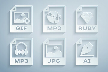Set JPG file document, RUBY, MP3, AI, and GIF icon. Vector