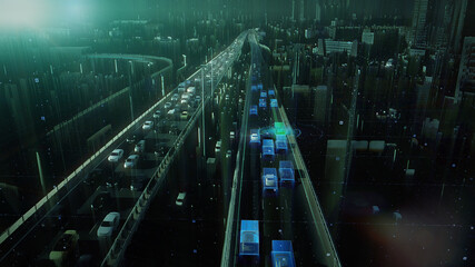 Digital presentation of the autonomous cars self-driving concept. Top view to the road traffic on multi-level highway of futuristic city.