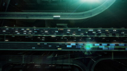 Obraz premium Digital presentation of the autonomous cars self-driving concept on multi-level highway of the big city. Top view to the road with heavy traffic and highlighted driverless cars.