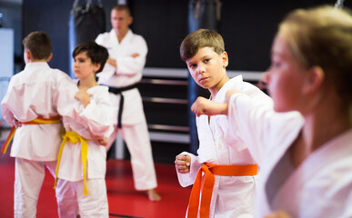 Diligent positive schoolchilds practicing new karate moves in pairs in class with trainer