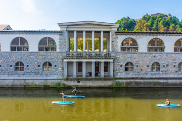 LJUBLJANA, SLOVENIA, 5th AUGUST 2019: People canoeing on the river