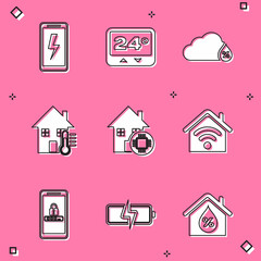 Set Mobile charging battery, Thermostat, Humidity, House temperature, Smart home, with wi-fi, and password protection and Battery icon. Vector