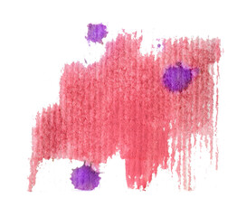Large crimson smear of paint on textured paper. Three purple drops. Stock background for design and decoration. Watercolor stain on white isolate.
