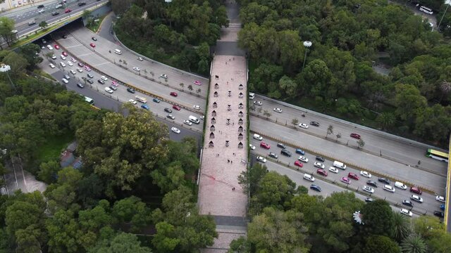 Aerial view of a big traffic jam near Chapultepec park during the morning rush hour in Mexico City, Mexico.
