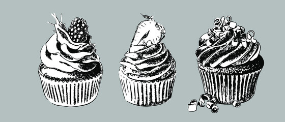 Cupcakes drawn by a line on a gray background. Vector.