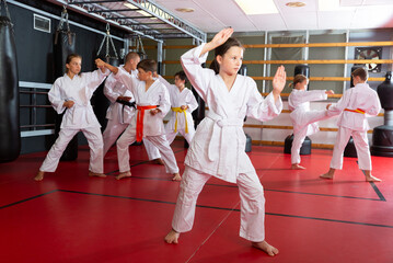 Adolescent girl in kimono posing in gym while other kids sparring in background during karate group...