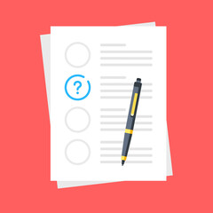 Problem. Document with question mark and pen. Modern flat design. Vector illustration