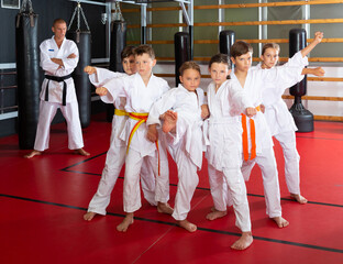 Group of karate kids in kimono standing in gym with their trainer.