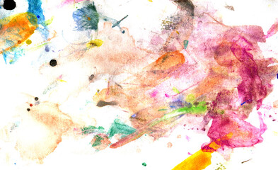 Abstract background with splattered rainbow paints. The texture of prints and overflows of red, pink, orange, blue. Watercolor stain on white isolate.