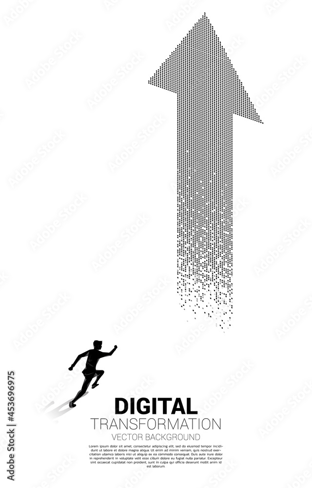 Poster Silhouette of businessman running to the arrow from pixel. concept of digital transformation of business.