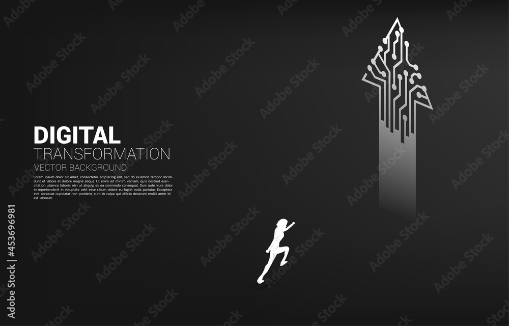 Poster Silhouette of businessman standing to arrow from dot connect line circuit. concept of digital transformation of business.