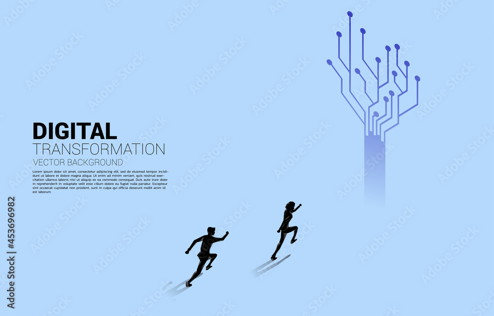 Poster silhouette of businessman running to the way with dot connect line circuit. concept of digital trans