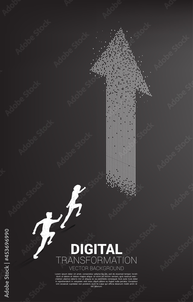 Poster silhouette of businessman running to the arrow from pixel. concept of digital transformation of busi