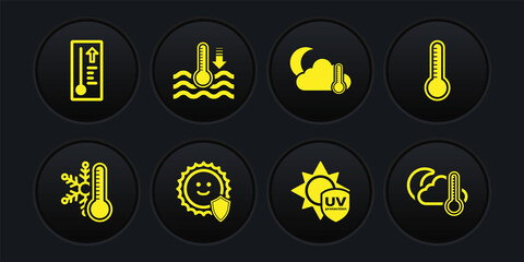 Set Thermometer with snowflake, Meteorology thermometer, UV protection, and cloud, moon, Water, and icon. Vector