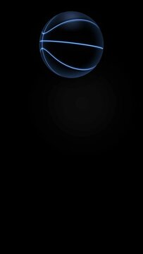 futuristic neon basketball bouncing on black background. 3d rendering. vertical orientation.