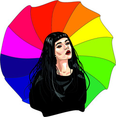 woman in black clothes with colorful rainbow umbrella