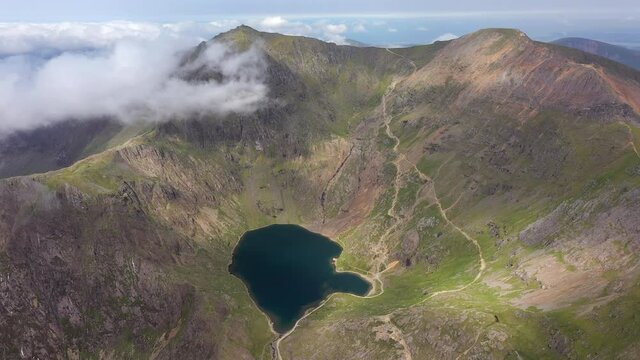 Aerial view of Mount Snowdon along the Pyg track hiking route, Snowdonia, Gwynedd, North Wales, United Kingdom