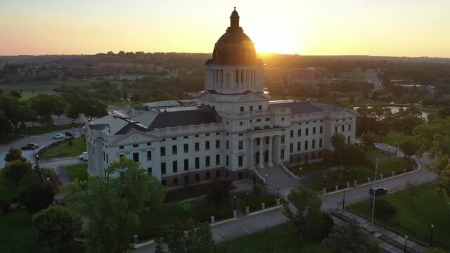 Aerial drone video of South Dakota state Capitol building in Pierre, SD