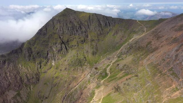 Aerial view of Mount Snowdon along the Pyg track hiking route, Snowdonia, Gwynedd, North Wales, United Kingdom