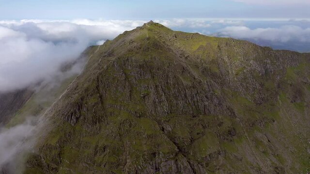 Aerial view of Mount Snowdon along the Pyg track hiking route, Snowdonia, Gwynedd, North Wales, United Kingdom