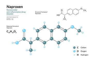 Naproxen. Nonsteroidal Anti-Inflammatory Drug (NSAID). C14H14O3. Structural Chemical Formula and Molecule 3d Model. Atoms with Color Coding. Vector Illustration