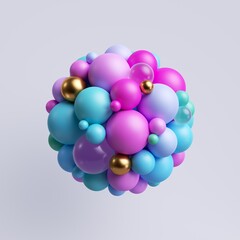 3d render, abstract geometric round shape made of colorful balls joined together. Pink blue gold particles, plastic toys, isolated elements