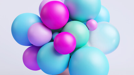 3d render, abstract background with assorted pink blue bubbles and balloons stuck together. Simple colorful round shapes. Geometric wallpaper