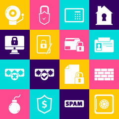 Set Safe, Firewall, security wall, Identification badge, Tablet with closed padlock, Lock computer monitor, Ringing alarm bell and Folder and icon. Vector