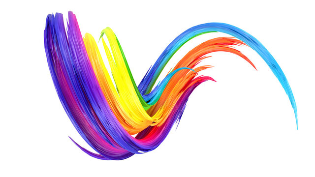 Rainbow abstract twisted brush stroke. Bright curl, artistic spiral. 3D rendering image