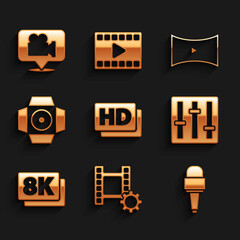 Set Hd movie, tape, frame, Play Video, Microphone, Sound mixer controller, 8k Ultra HD, Movie spotlight, Online play video and Camera and location icon. Vector