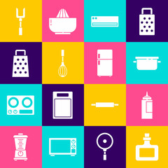 Set Sauce bottle, Cooking pot, Air conditioner, Kitchen whisk, Grater, Barbecue fork and Refrigerator icon. Vector