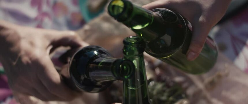 Beer toast clink hand over full table barbeque picnic together close up