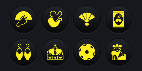 Set Earrings, Olives can, Crown of spain, Football ball, Fan flamenco, Spanish wineskin, Bullfight, matador and icon. Vector