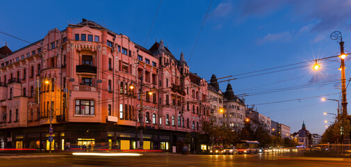 Fototapeta premium Twilight view of Debrecen streets with motion blur, Hungary