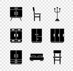Set Chest of drawers, Chair, Coat stand, Wardrobe, Big bed, and icon. Vector