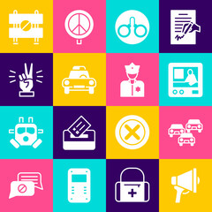Set Megaphone, Traffic jam, Television report, Handcuffs, Police car flasher, showing two finger, Road barrier and officer icon. Vector