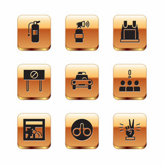 Set Fire extinguisher, Broken window, Handcuffs, Police car flasher, Protest, Bulletproof vest, showing two finger and Air horn icon. Vector